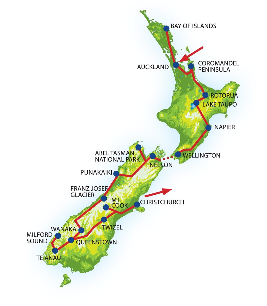 Routekaart van Hoogtepunten van Nieuw-Zeeland