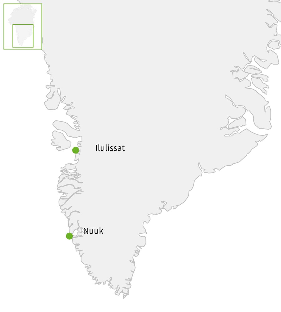 Routekaart van Noorderlicht en ijsbergen