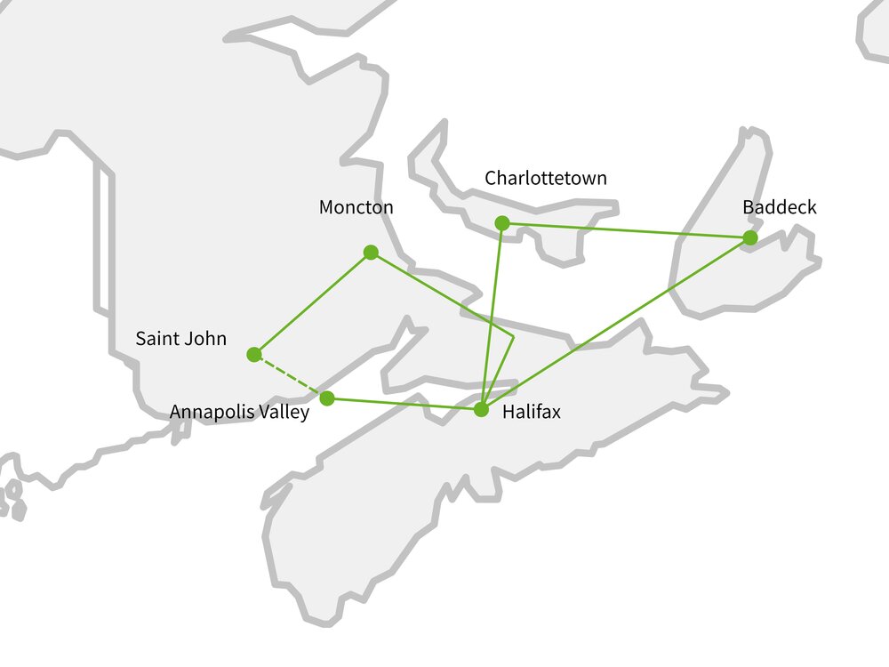 Routekaart van Charmes van Atlantisch Canada